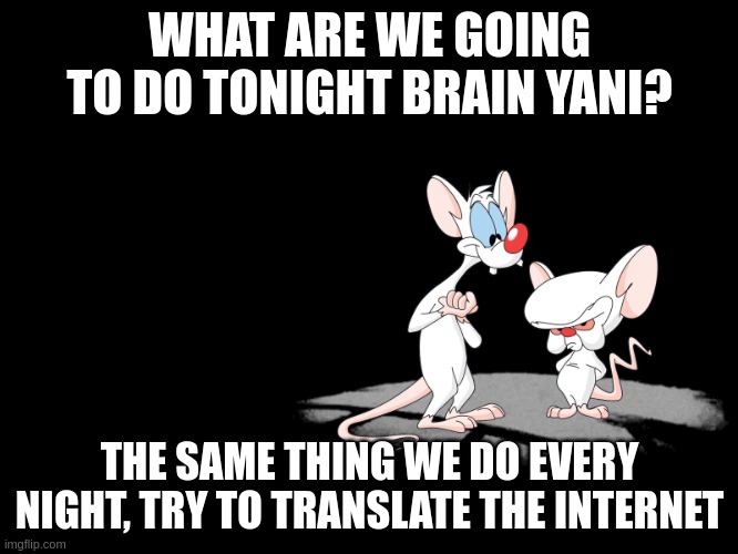 Meme of Pink and Cerebro that says 'What are we going to do tonight brain Yani? The same thing we do every night, try to translate the internet'